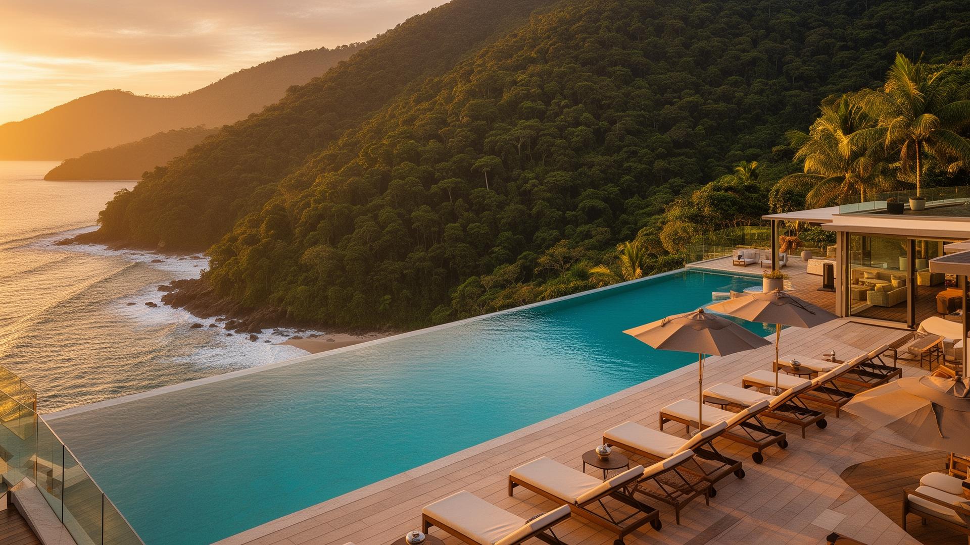 Resort de alto padrão no Litoral Norte de São Paulo ao pôr do sol