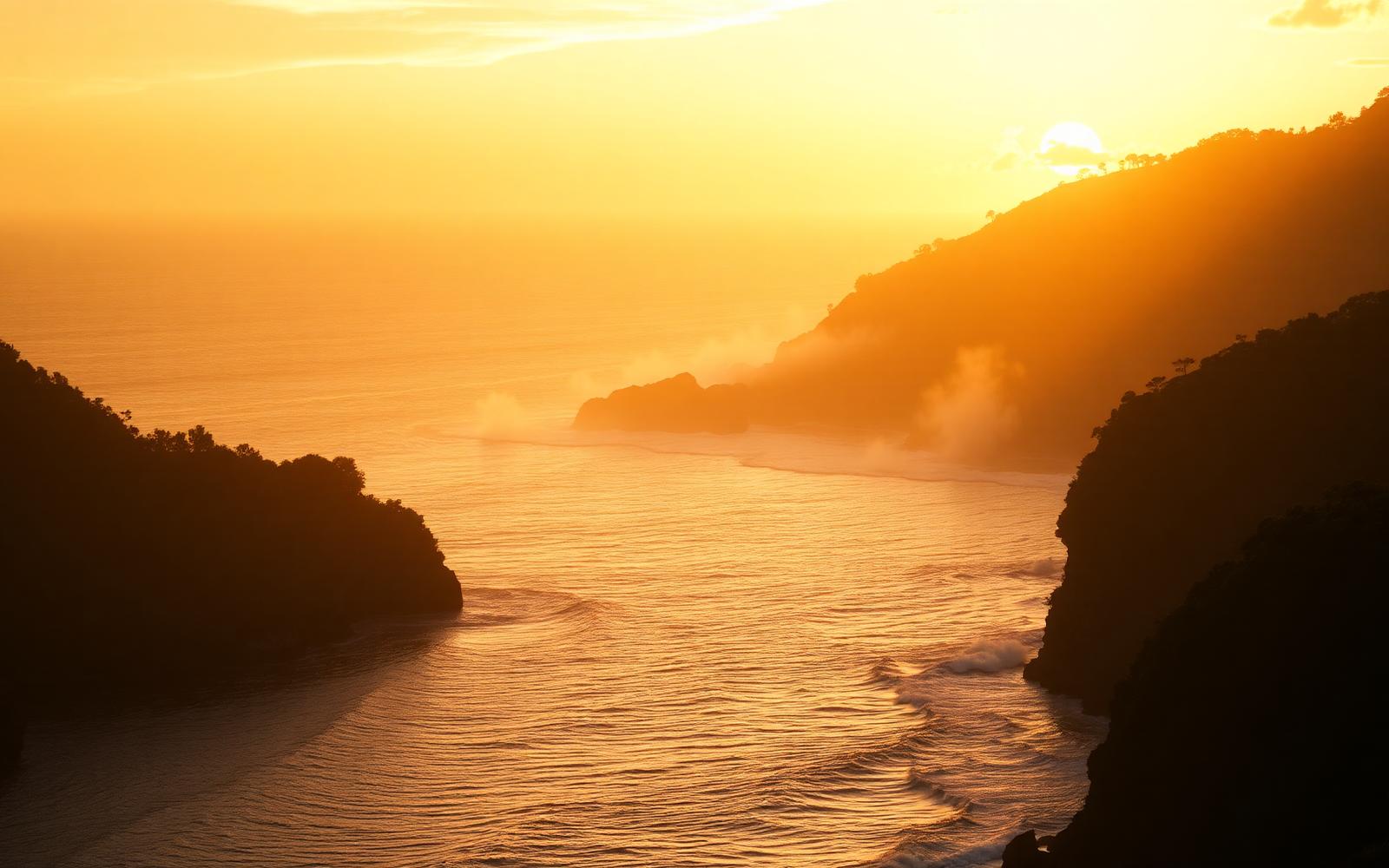 Paisagem litorânea ao pôr do sol
